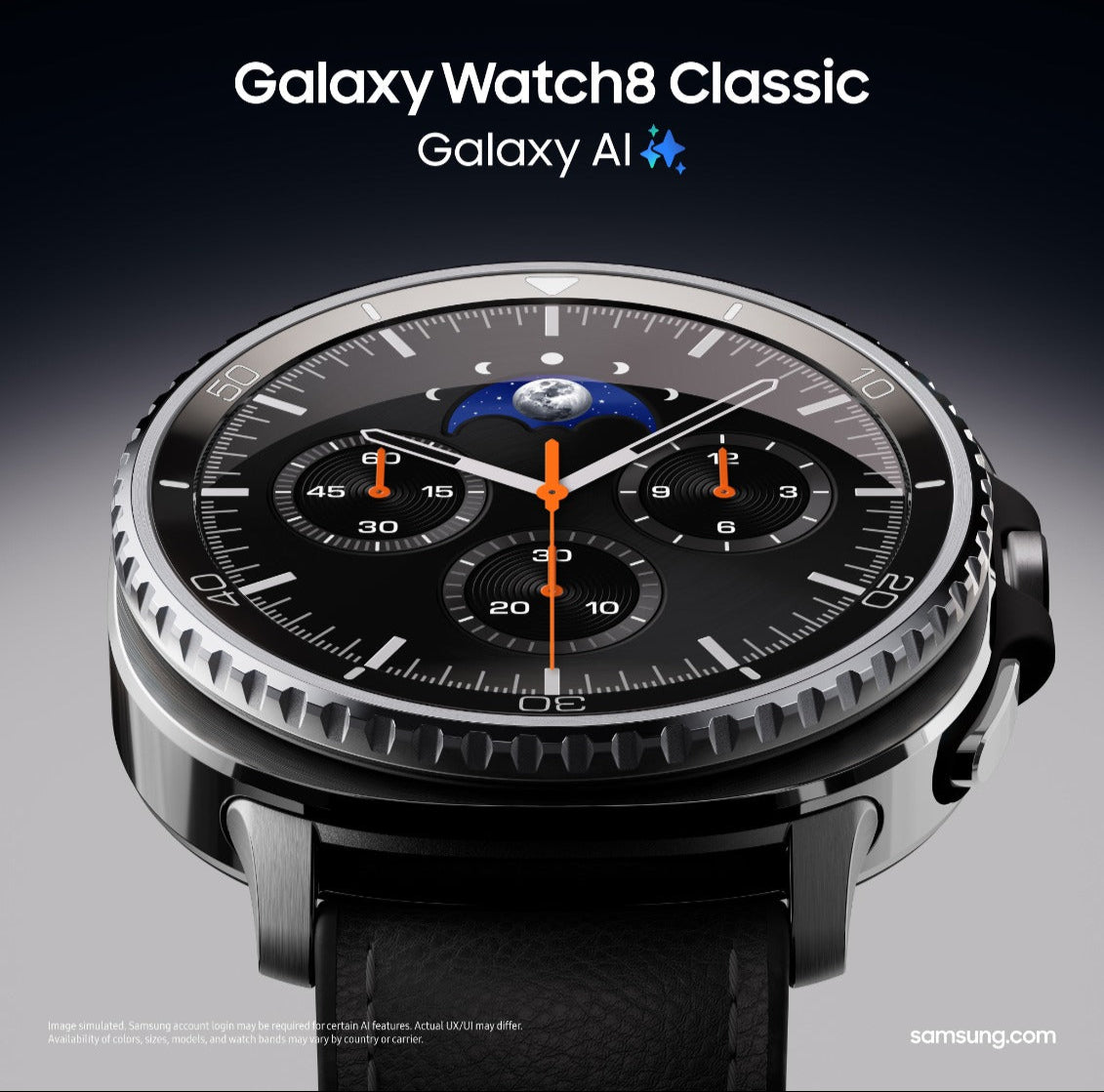 Samsung Galaxy Watch8 Classic with moon phase display on a dark background