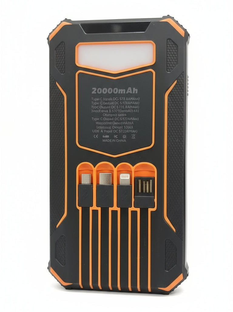 Black and orange power bank with multiple ports on a dark surface