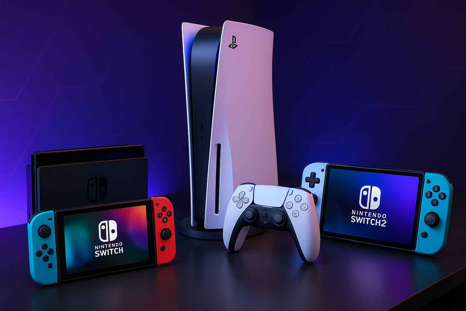GENERATE PS5 CONSOLES AND CONTROLERS AND NIONTENDO AND SWITCH 2 ALL IN 1 IMAGE
